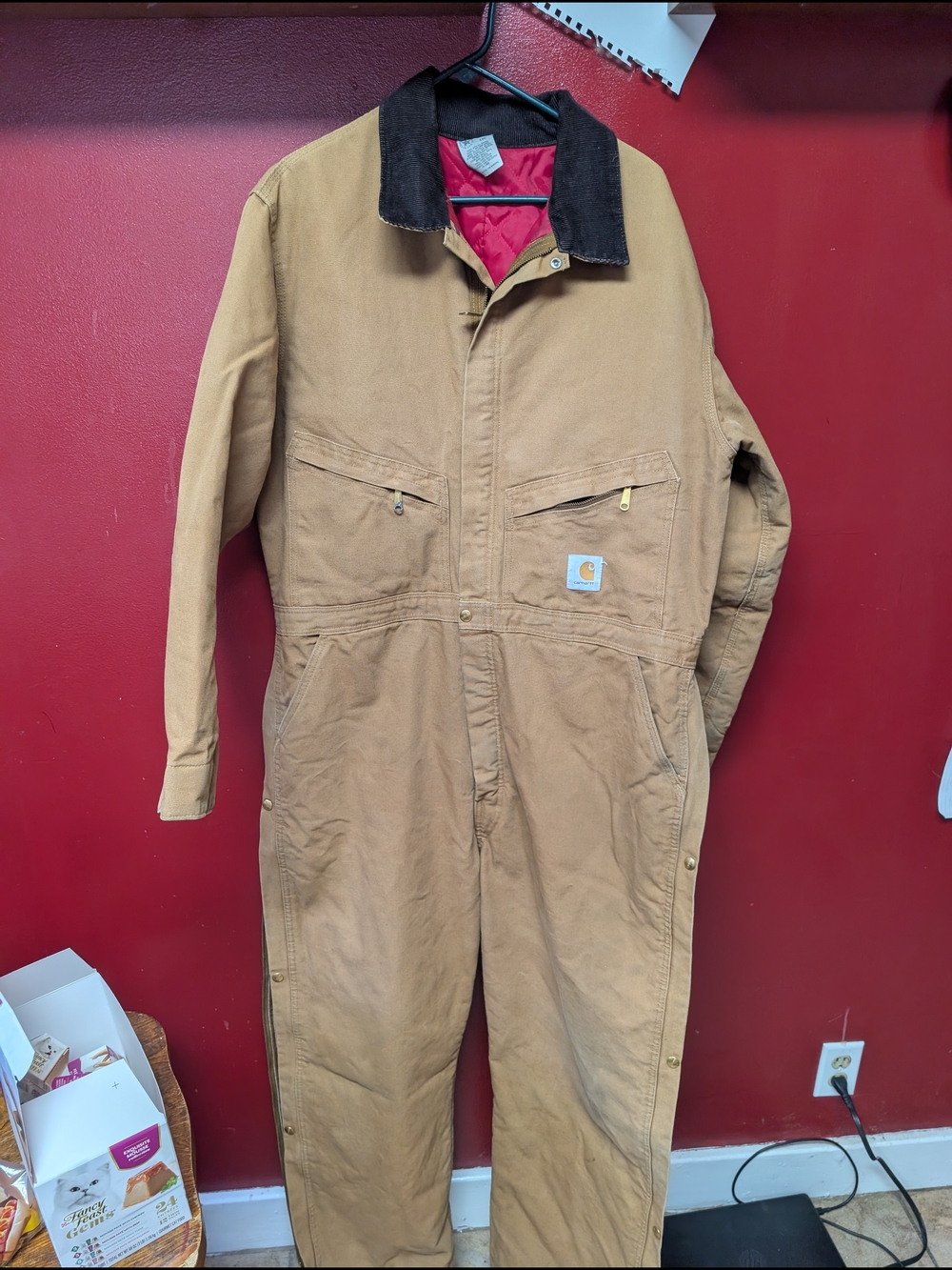 Carhartt Tan Duck Coverall with Black Corduroy Collar and Red Lining
